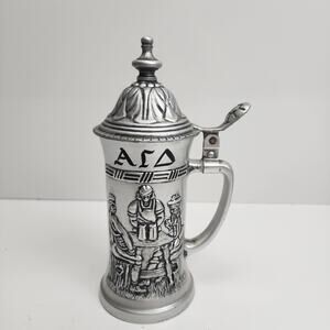 VTG German Village Scene Silver Metal Pewter Porcelain Lining Beer Stein w/ Lid